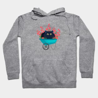 black cat in a garden wheelbarrow with red flowers Hoodie